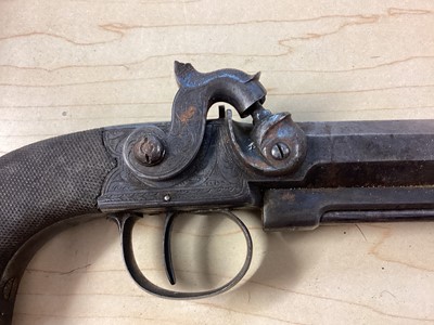 Lot 907 - Pair Victorian 50 bore percussion overcoat pistols by Mortimer, London with octagonal 9.5cm barrels with steel swivel ramrods, engraved side locks, ( one cock has a broken Spur but piece present...