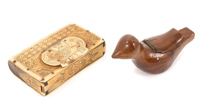 Lot 754 - 19th century French horn and penwork snuff box, in the form of a book, and a bird form snuff