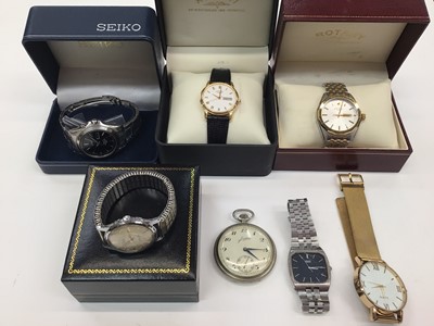 Lot 213 - Group of wristwatches including two Rotary and a Seiko Kinetic stainless steel watch, all boxed, three other wristwatches and a Junghans pocket watch (7)