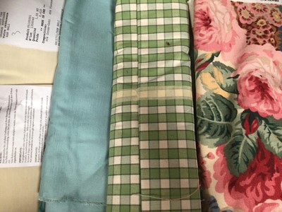 Lot 2160 - Box of curtain / soft furnishings fabric remenants of varying sizes and pattern samples. Including Pierre Frey, Santiago by Boussac Paris, Arthur by Sandersons, Angelica Cyrus Clarke, Iris by...