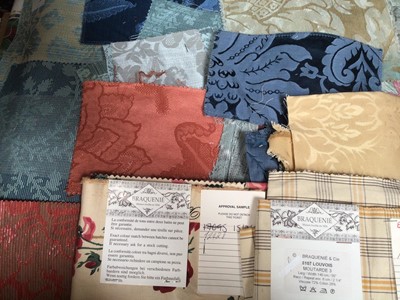Lot 2160 - Box of curtain / soft furnishings fabric remenants of varying sizes and pattern samples. Including Pierre Frey, Santiago by Boussac Paris, Arthur by Sandersons, Angelica Cyrus Clarke, Iris by...