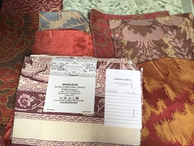 Lot 2160 - Box of curtain / soft furnishings fabric remenants of varying sizes and pattern samples. Including Pierre Frey, Santiago by Boussac Paris, Arthur by Sandersons, Angelica Cyrus Clarke, Iris by...