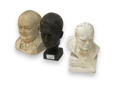 Lot 736 - Two plaster busts of Winston Churchill, together with a metal bust of Adolf Hitler (3).