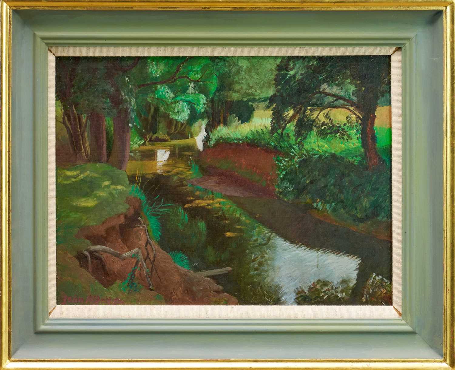 Lot 944 - *John Aldridge (1905-1983) oil on board - 'The River Pant, August 1971', signed, titled and signed verso, 26cm x 35cm, in gilt and painted frame.