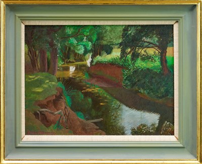 Lot 944 - *John Aldridge (1905-1983) oil on board - 'The River Pant, August 1971', signed, titled and signed verso, 26cm x 35cm, in gilt and painted frame.