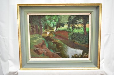 Lot 944 - *John Aldridge (1905-1983) oil on board - 'The River Pant, August 1971', signed, titled and signed verso, 26cm x 35cm, in gilt and painted frame.