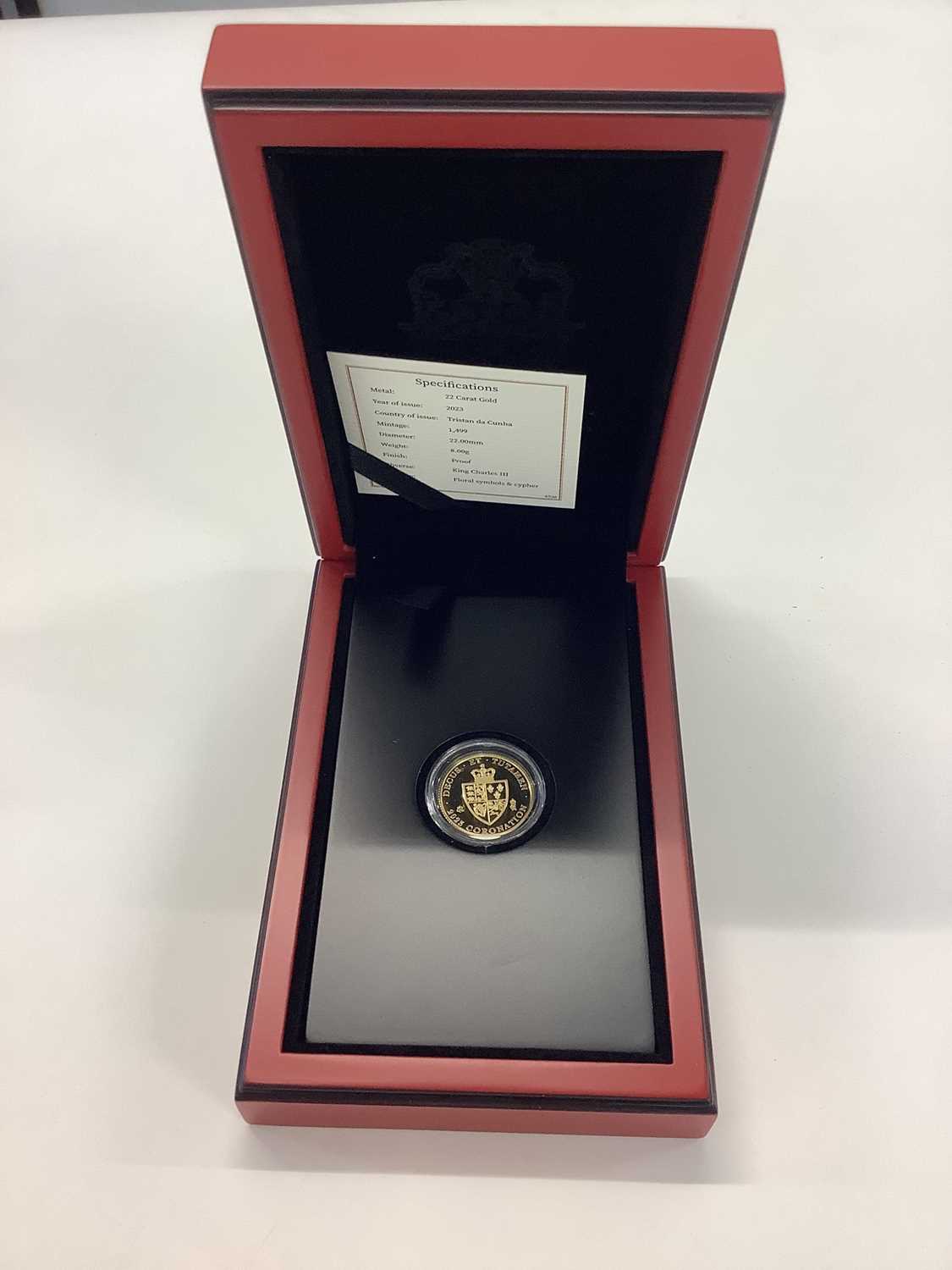 Lot 550 - Tristian Da Cunha - The East India Company, coronation of King Charles III gold proof Guinea 2023 (N.B. 22ct, Wt. 8gms and boxed with Certificate of Authenticity) (1 coin)