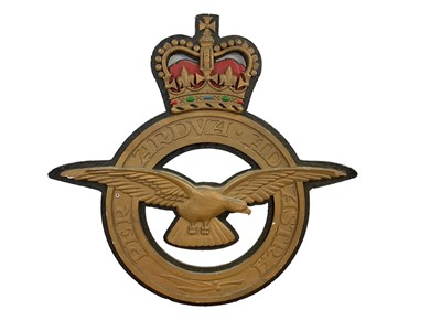 Lot 743 - Large wooden Elizabeth II Royal Air Force (RAF) 'Per Ardua Ad Astra' wings badge, 95 x 100cm