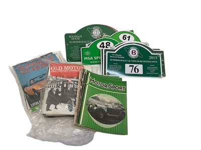 Lot 88 - Group of rally plaques, together with earlier Motorsport, Old Motor and other magazines (1 box).