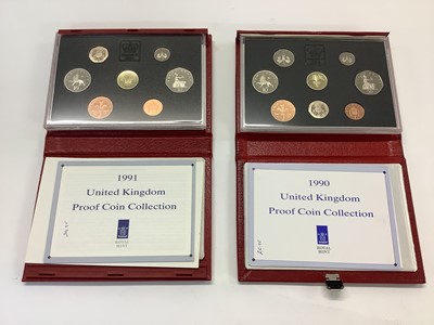 Lot 561 - G.B. - Royal Mint mixed proof coin collections to include blue cases 1984, 1985, red cases 1986, 1987, 1988, 1989, 1990, 1991, brilliant UNC, flat packs x 7, Alderney silver proof Elizabeth &...