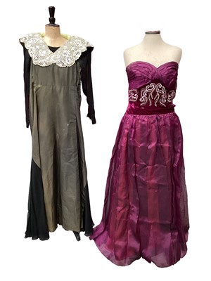 Lot 2161 - Edwardian evening dress with fine panel of Irish lace and a 1940s ballgown with sequin bodice