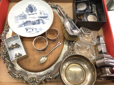 Lot 1051 - Sterling silver bowl and brush, two silver napkin rings, silver London teaspoon etc