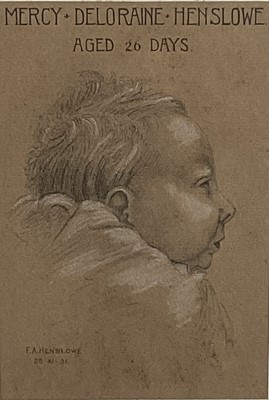 Lot 286 - Pencil and chalk portrait of a baby, titled 'Mercy Deloraine Henslowe Aged 26 Days', signed and dated 1931, 17cm x 11.5m, framed