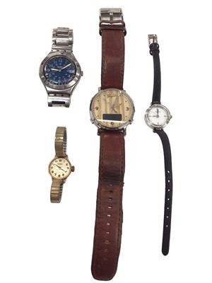 Lot 222 - Vintage 9ct gold cased Kered ladies wristwatch on expandable plated bracelet, Swatch Irony stainless steel watch, Penguin watch on leather strap and one other ladies watch (4)