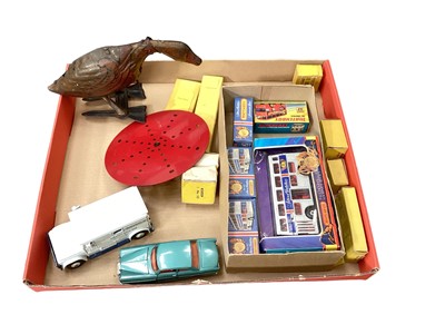 Lot 1986 - Group of toys, including a tinplate clockwork duck, Dinky models, boxed Matchbox 1977 Coronation models and others