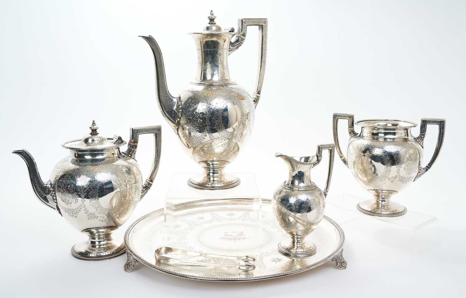 Lot 230 - Victorian four-piece silver tea set, with silver-plated tray and Georgian silver sugar tongs