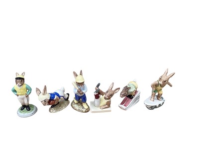 Lot 1291 - Six Royal Doulton Bunnykins figures to include Jockey, Surfer, Touchdown