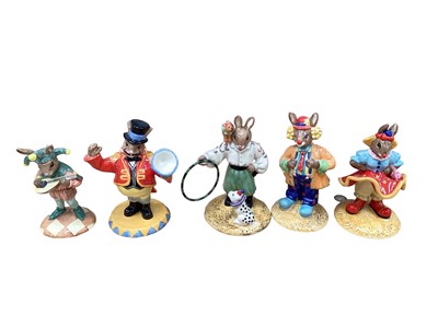 Lot 1295 - Five Royal Doulton Bunnykins figures including Randolph The Ringmaster and Tino The Trixstar