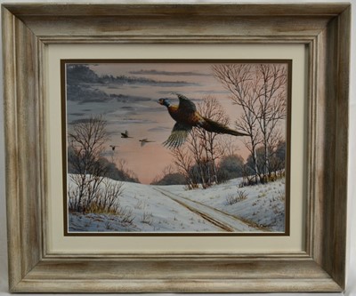 Lot 1044 - Mark Chester (b.1960) oil on board - Winter Flight Pheasants, signed, titled verso, 25.5cm x 33cm, in glazed frame