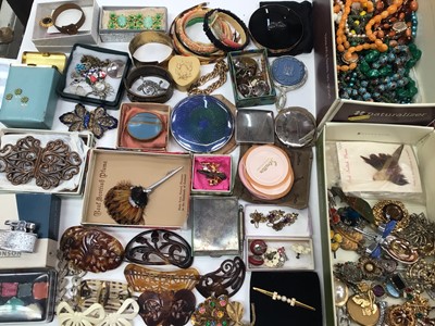 Lot 234 - Group of vintage costume jewellery, bead necklaces, paste set brooches, hair clips, powder compacts and other bijouterie