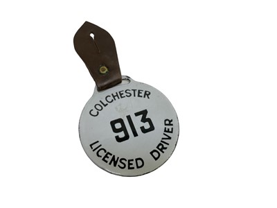 Lot 61 - Late 1940's / 1950's enamel Colchester licensed driver, 913 taxi drivers badge with leather tab.