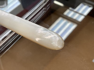 Lot 201 - Set of six 1920s silver fruit knives and forks with mother of pearl handles, in fitted wooden case (Sheffield 1922)