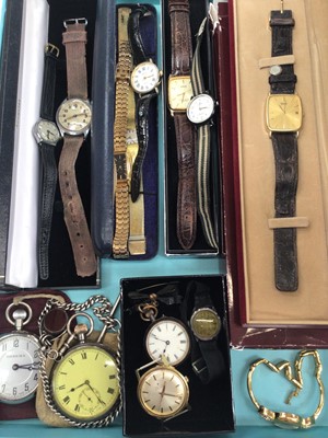 Lot 236 - Group of vintage and later wristwatches and pocket watches including Timor, Lorus, Zenith, Seiko and a 1920s silver pocket watch with silver watch chain and fob