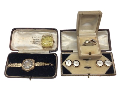 Lot 238 - 1930s 18ct gold J.W. Benson watch, vintage 9ct gold cased ladies wristwatch on plated expandable bracelet, pair of cufflinks and two 9ct gold gem set dress rings