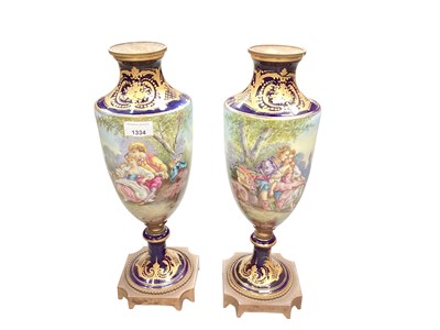 Lot 1334 - Pair of Sèvres style vases with painted figure decoration, signed, together with other china and glassware