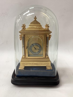 Lot 2563 - Antique gilded mantle clock with fusee movement, under glass dome on plinth base, 27cm high