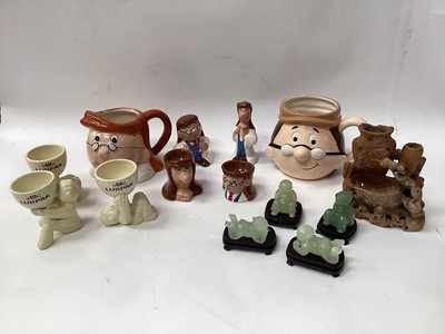 Lot 2566 - Box of sundry items to include jadeite cherubs, Tetley Tea cups and teapots, Lurpack advertising egg cups and a bamboo brush pot