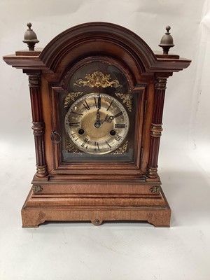 Lot 2583 - Oak cased bracket clock with side column, brass dial, strikes on a gong, the movement signed Percival, 35cm high