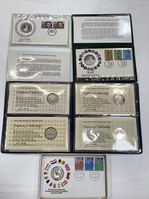 Lot 591 - G.B. - Silver medallic first day covers to include County Cricket 1873-1973, Royal Wedding 1973, E.E.C 1973 & Great Britons x 4 (7 medallions)