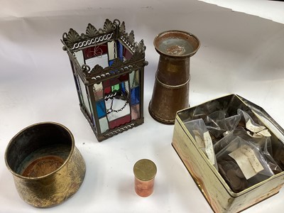 Lot 2587 - Arts & Crafts brass lantern, Mamluk-style brass pot, another brass vase and a box of pre-decimal coins