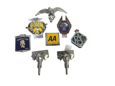 Lot 64 - Group of car mascots and badges to include Eagle, two elephants, 1966 World Cup Willie, AA and RAC (1 box).