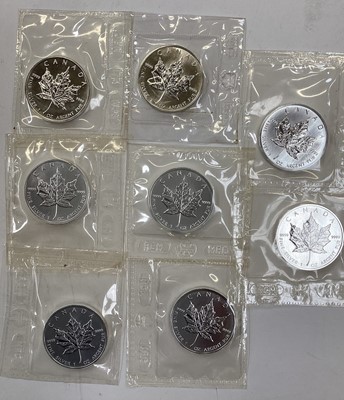 Lot 597 - Canada - 1oz fine silver Bullion 5 Dollar maple coins to include 1990, 1993, 1994, 1995, 1996, 1997 x 2 & 1998