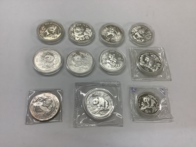 Lot 598 - China - Fine silver Bullion coins to include 1oz panda's 1989, 1990, 1991, 1992, 1993, 1994, 1995, 1996, 1997 x 2 & ½ oz 1993 (11 coins)