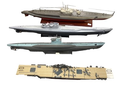 Lot 2656 - Four models of WW2 ships, including U-Boat, aircraft carrier, etc, the largest 100cm