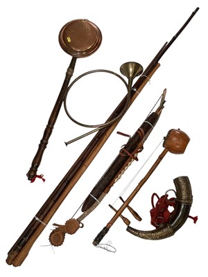 Lot 2662 - Two African instruments, brass horn, miniature copper warming pan and other items