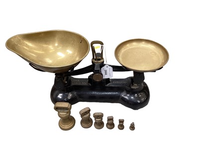 Lot 2558 - Set of Libra scales with brass pans, together with six weights