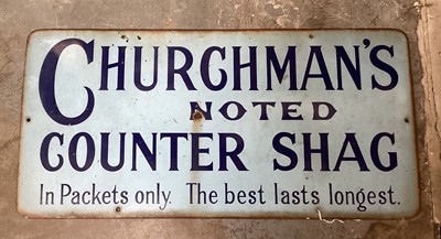 Lot 2671 - Enamel advertising sign: 'Churchman's Noted Counter Shag', 60cm x 30cm