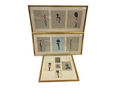 Lot 800 - Three glazed frames containing watercolour and pencil caricatures of soldiers