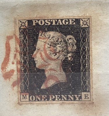 Lot 1500 - Stamps GB 1840 1d black lettered ME on piece with red MX, 4 margin copy