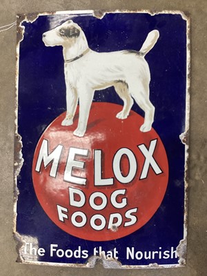 Lot 2678 - Enamel advertising sign for Melox Dog Foods, 66.5cm x 45.5cm