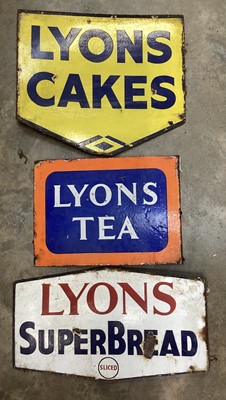 Lot 2668 - Three enamel advertising signs for Lyons, including tea, cakes and superbread