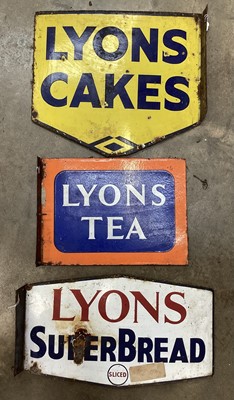 Lot 2668 - Three enamel advertising signs for Lyons, including tea, cakes and superbread