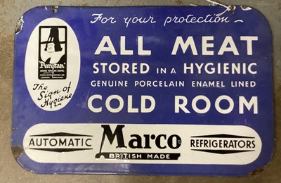 Lot 2669 - Rare enamel advertising sign for Marco British Made Automatic Refrigerators, 42cm x 27.5cm