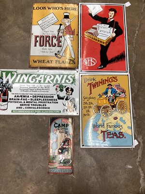 Lot 2681 - Groux of reproduction enamel advertising signs, including Wingarnis, WH Smith, Force Wheat Flakes, Twinings Tea, and Camp Coffee (5)