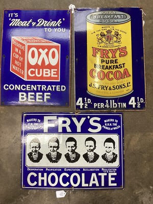 Lot 2682 - Three reproduction enamel advertising signs fort OXO and Fry's Chocolate