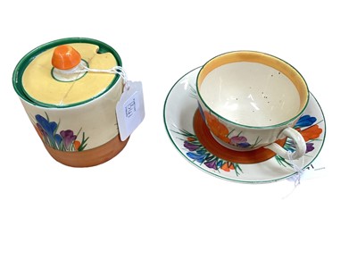 Lot 1341 - Clarice Cliff Crocus pattern cup and saucer and preserve pot